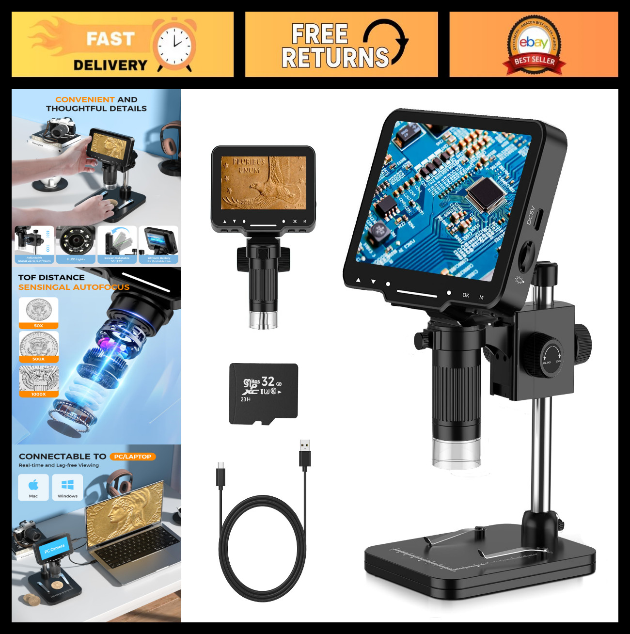 Digital Microscope for Coins – 4.3″ 1080P HD, 10MP Camera, 1-1000X Zoom, Wireles
