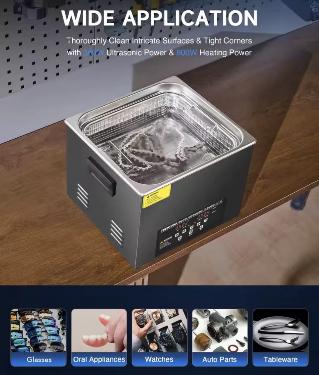 CREWORKS Titanium Steel Ultrasonic Cleaner 10L Timed Digital Cleaning Equipment