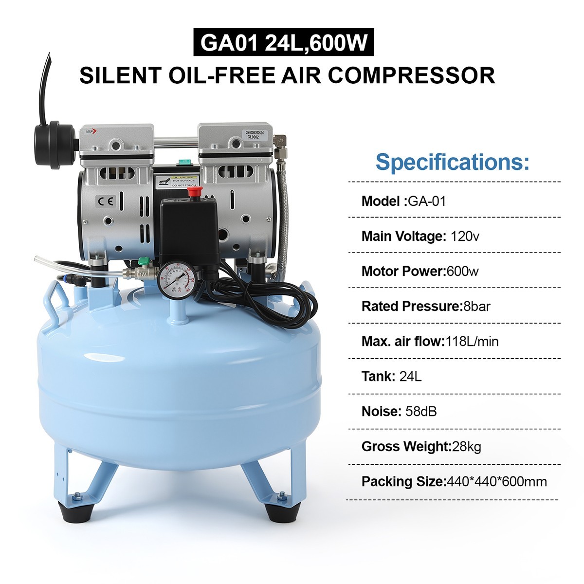 AZDENT Portable Dental Mobile Silent Oil-Free Air Compressor 24L/40L Air Tank