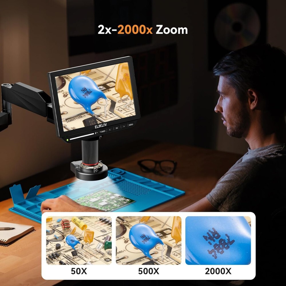 Elikliv 4K Soldering Digital Microscope 2000X Flexible Arm Stand 10.1″ 52MP