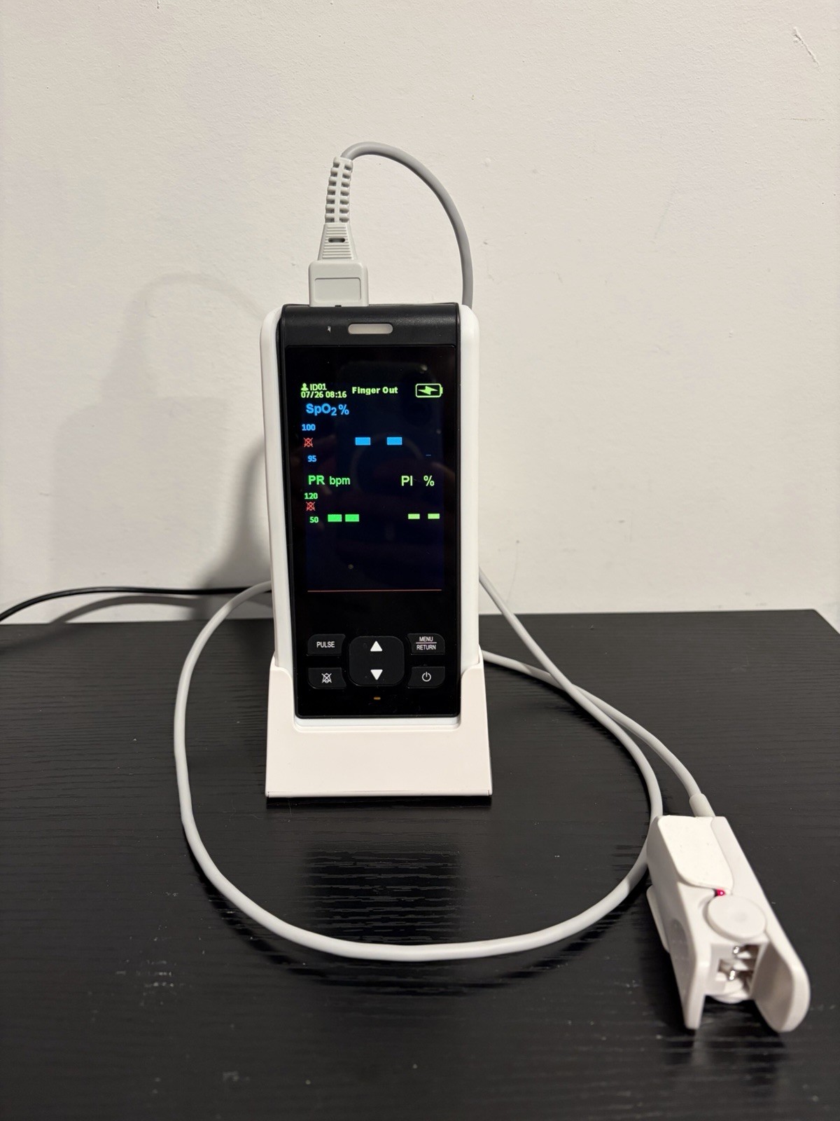 Handheld Pulse Oximeter w/ Adult Finger Probe Sensor & Docking Stand