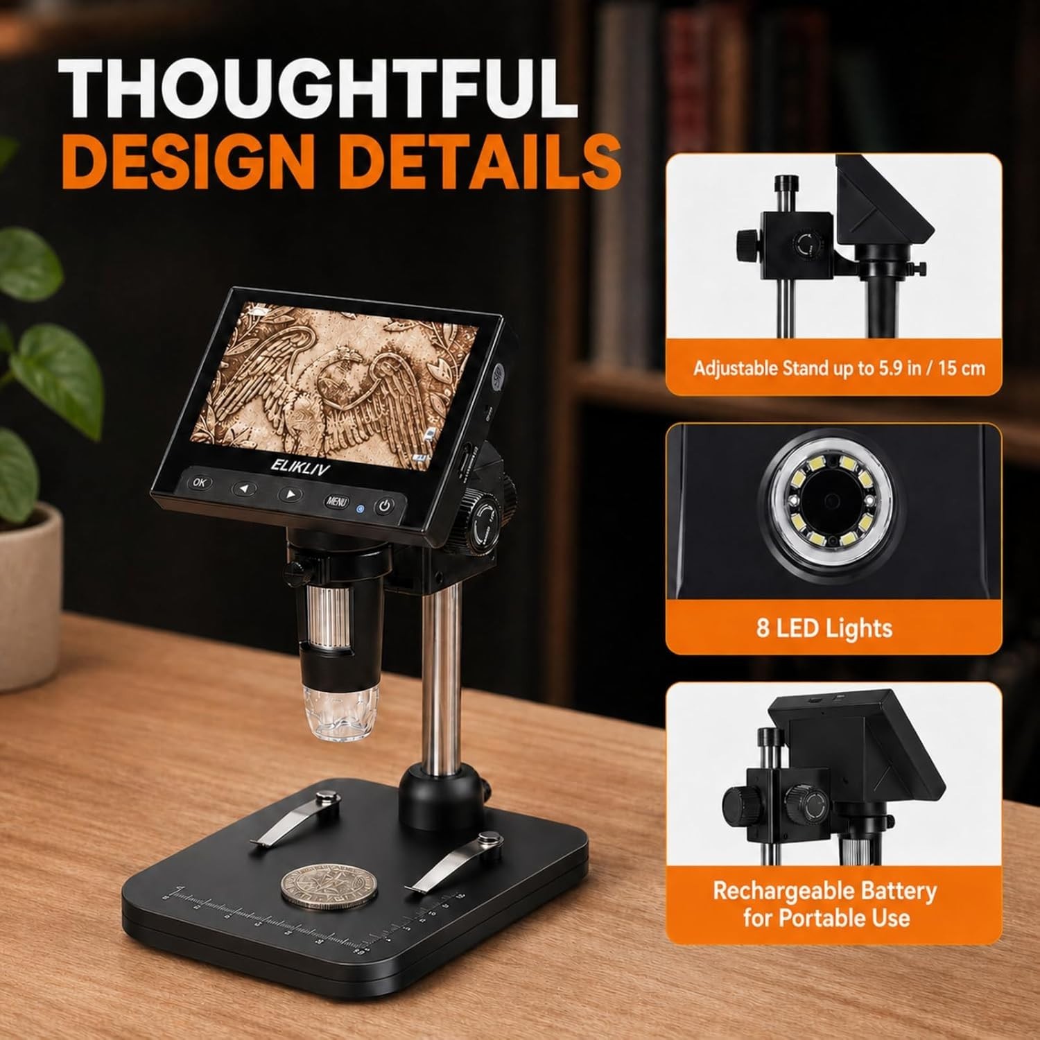 Portable 4.3” LCD Coin Magnifier with 8 LED Lights & Rechargeable Battery