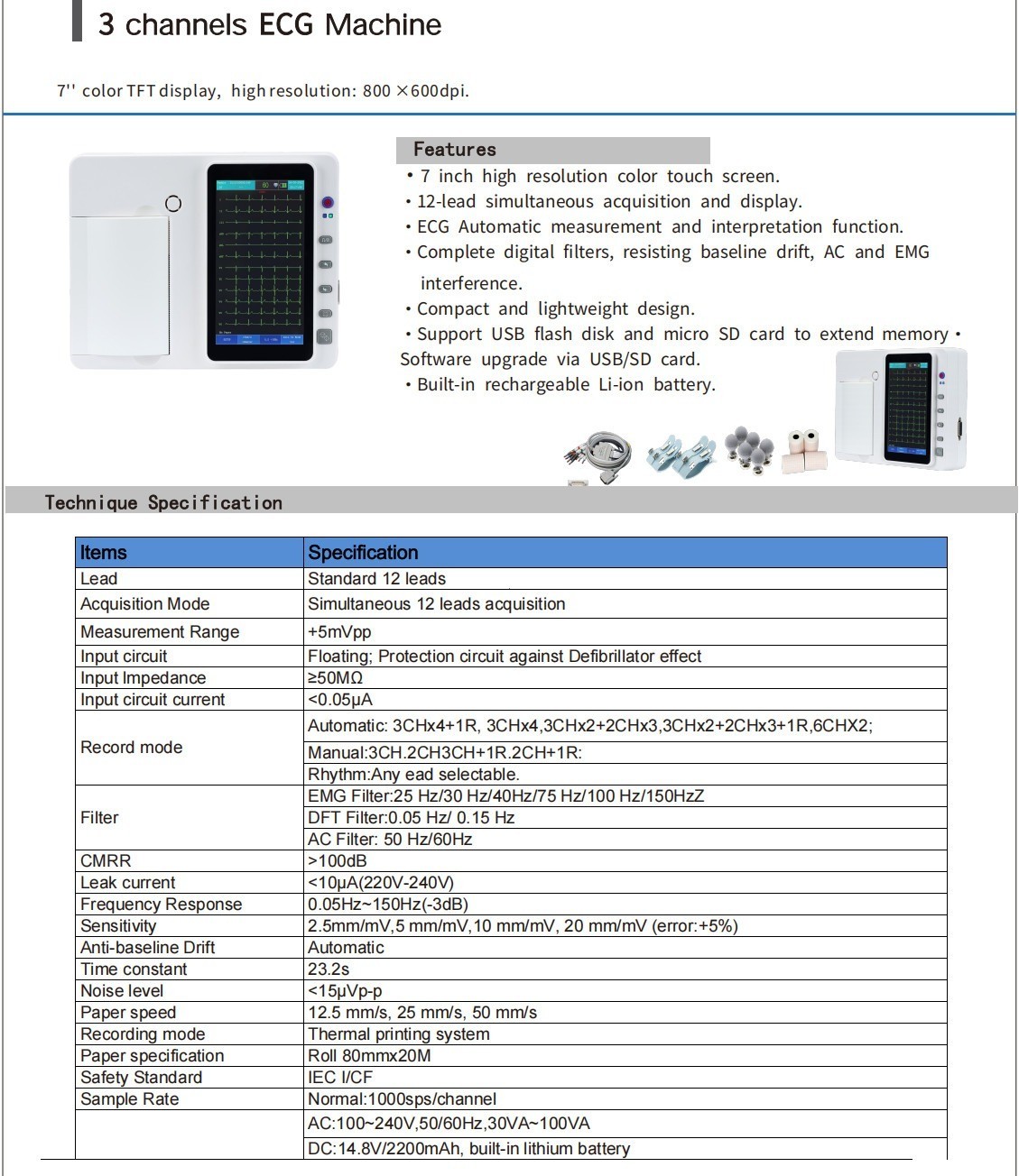 7″ Touch Screen 12-Lead 3-Channel ECG EKG Machine Portable