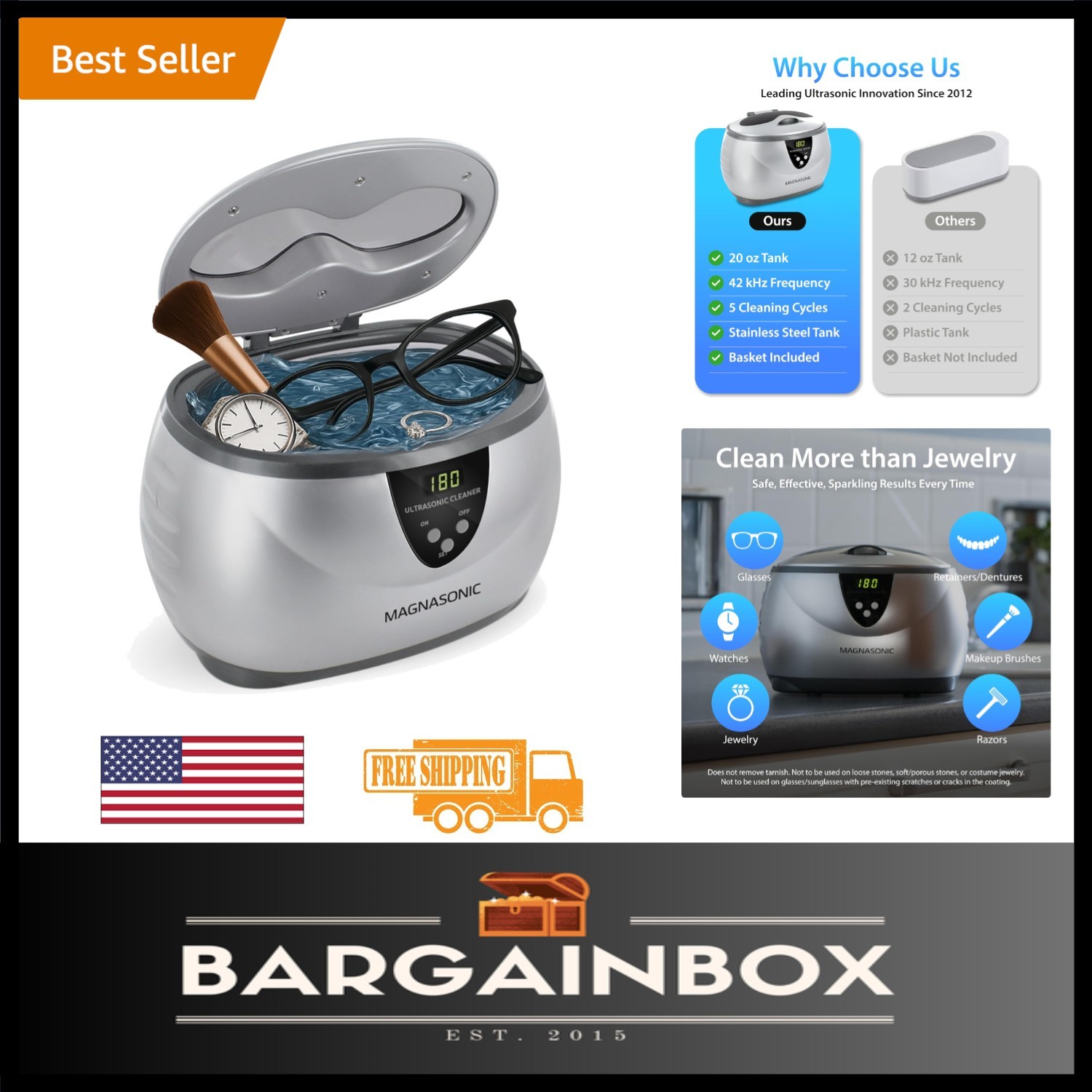 20oz Stainless Steel Ultrasonic Cleaner with Digital Timer – 5 Cleaning Modes