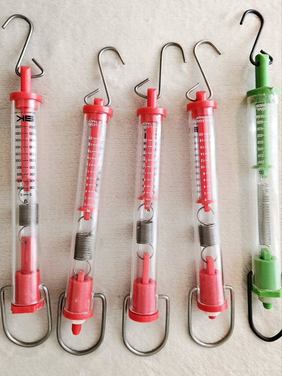 Lot of 7 Hanging Spring Scales: 5 Tube Scales & 2 Round Scales