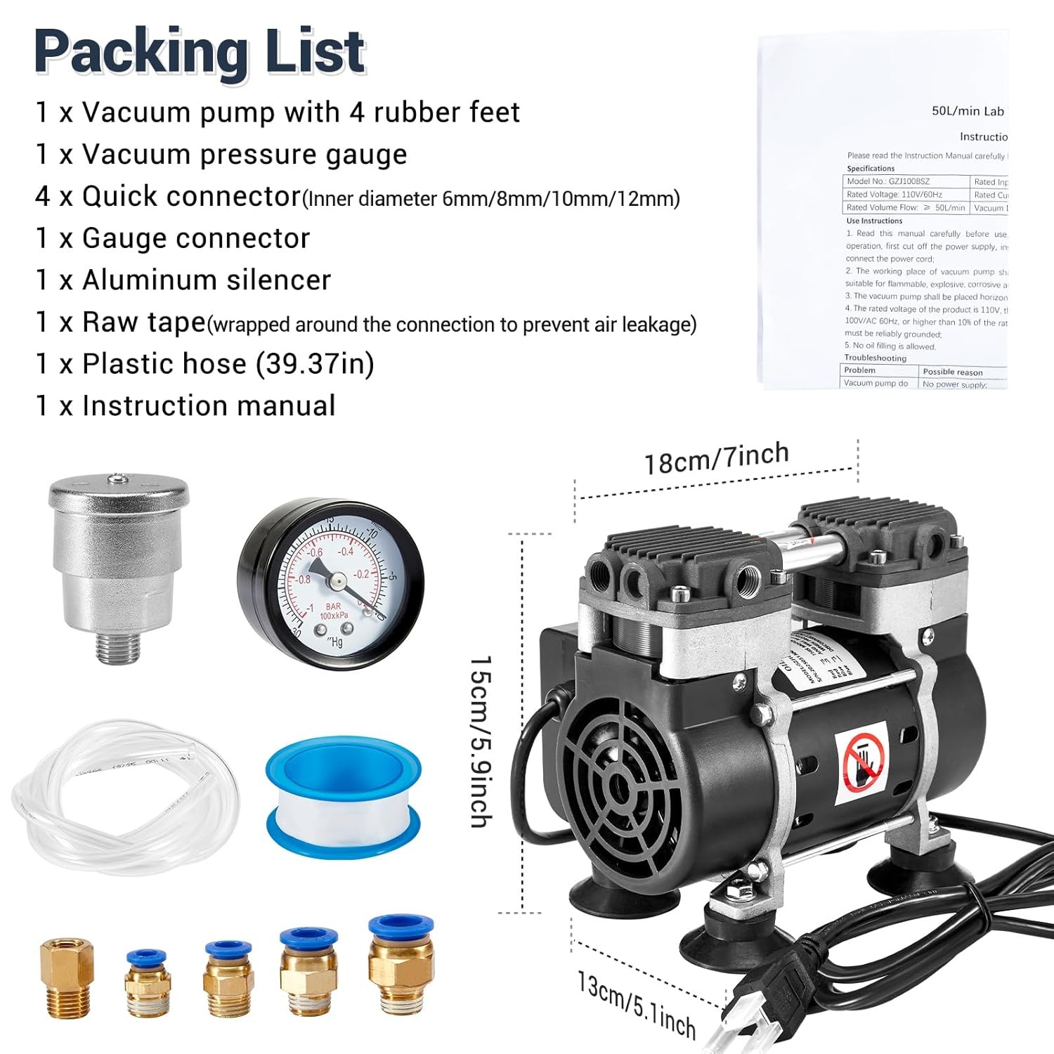 85L,50L/Min Oil Free Lab Vacuum Pump Mute w/ Capacitor Pressure Gauge Optional