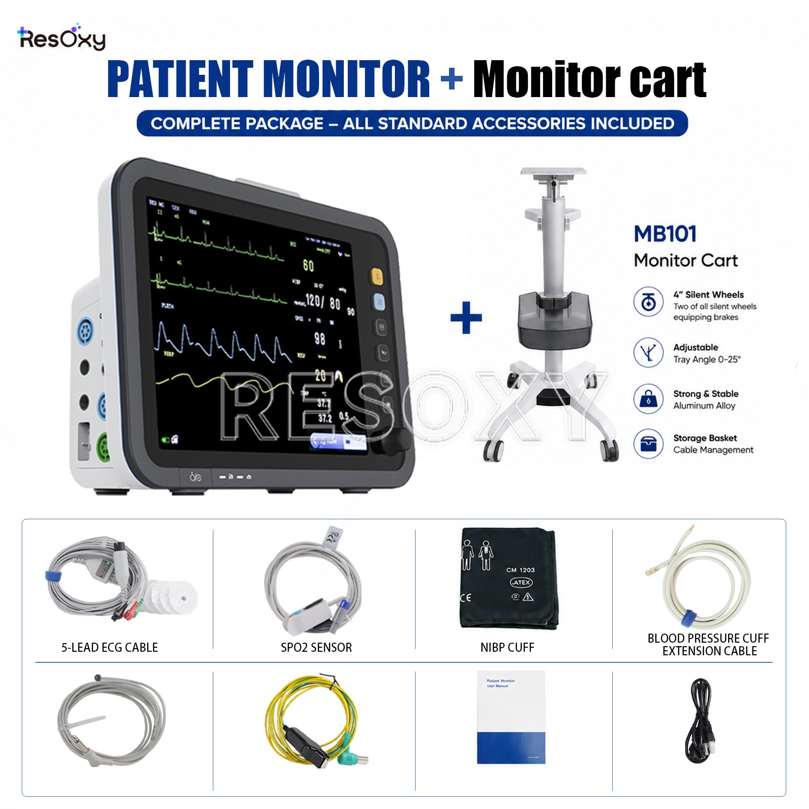 10 Units 12″ Patient Monitor ECG NIBP TEMP RESP SpO2 PR With Monitor Cart