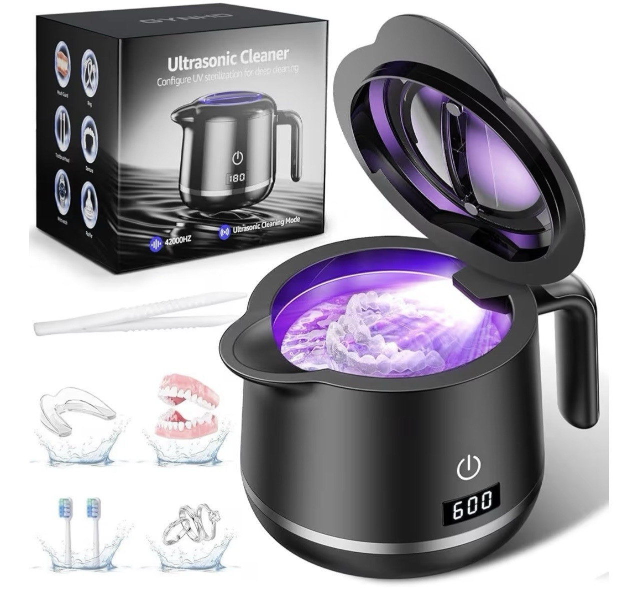 600ML UV Ultrasonic Cleaner 45kHz Denture Retainer Cleaner 5 Modes Display