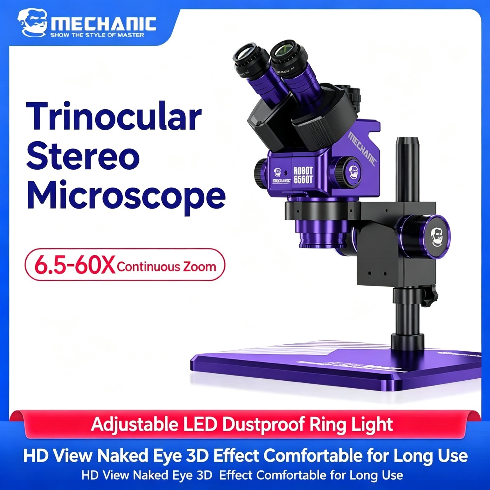 MECHANIC ROBOT 6560T Trinocular Stereo Microscope 6.5-60X Continuous Zoom WF10X/