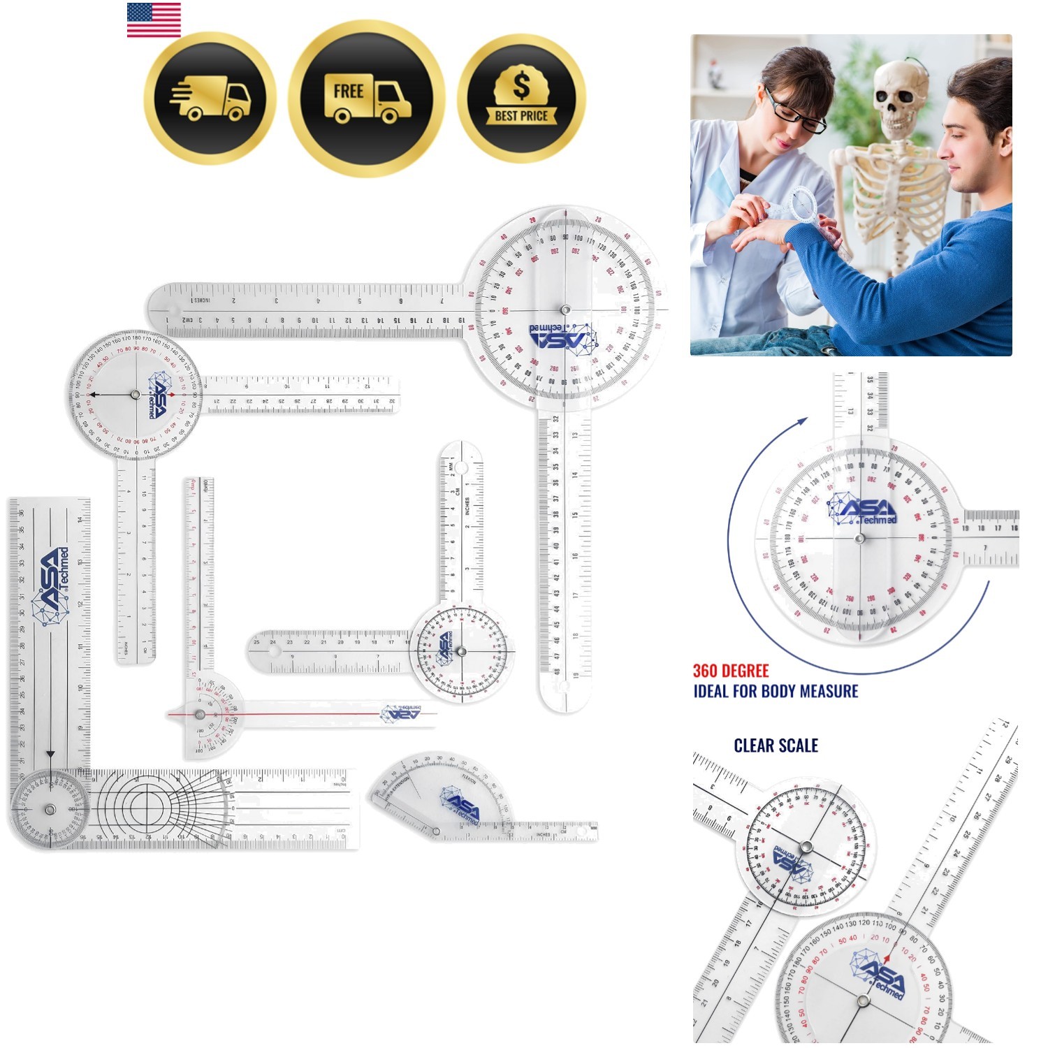 6 Pcs 360° 12, 8 and 6 Inch Medical Spinal Goniometer Angle Protractor Angle …