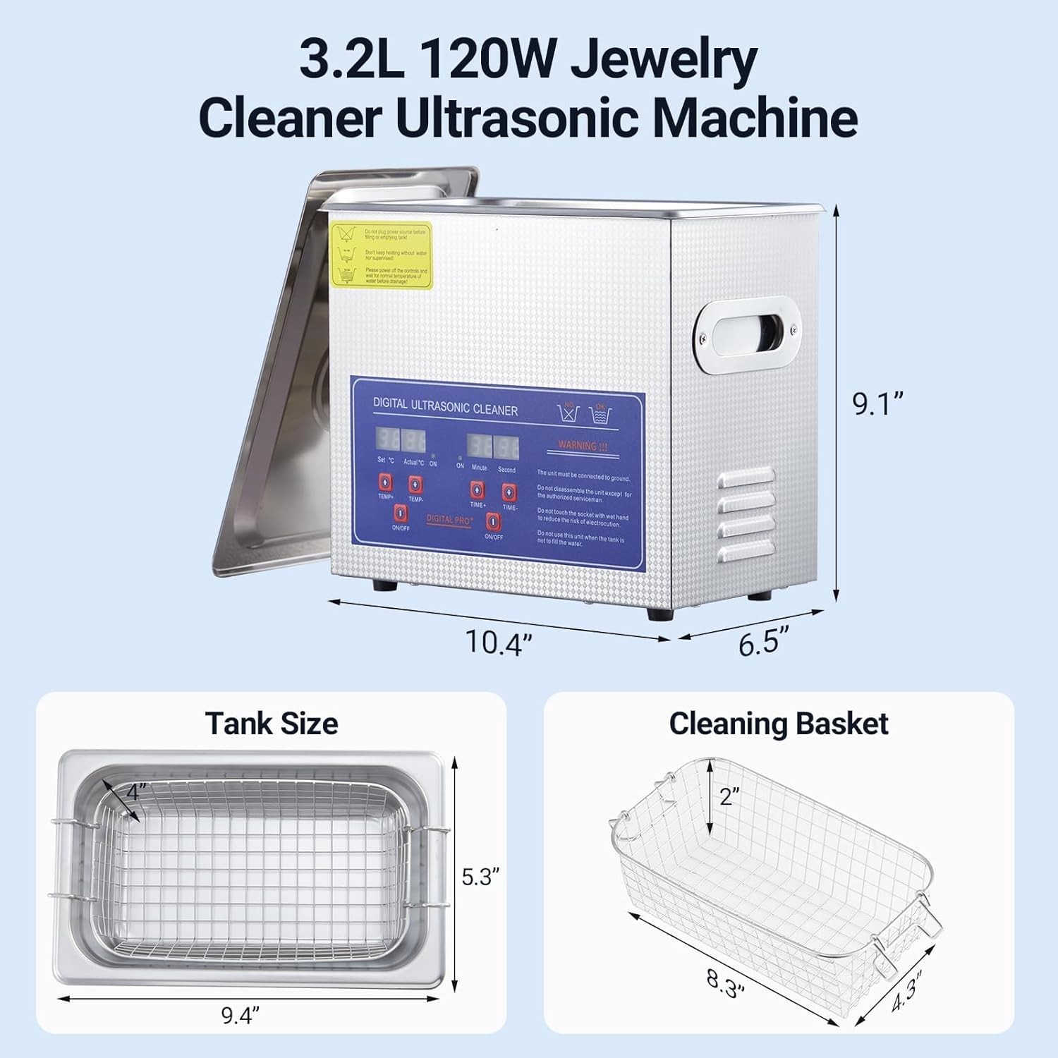 3.2L Digital Ultrasonic Cleaner with Heater，40kHz & 120W Cleaning System Timer