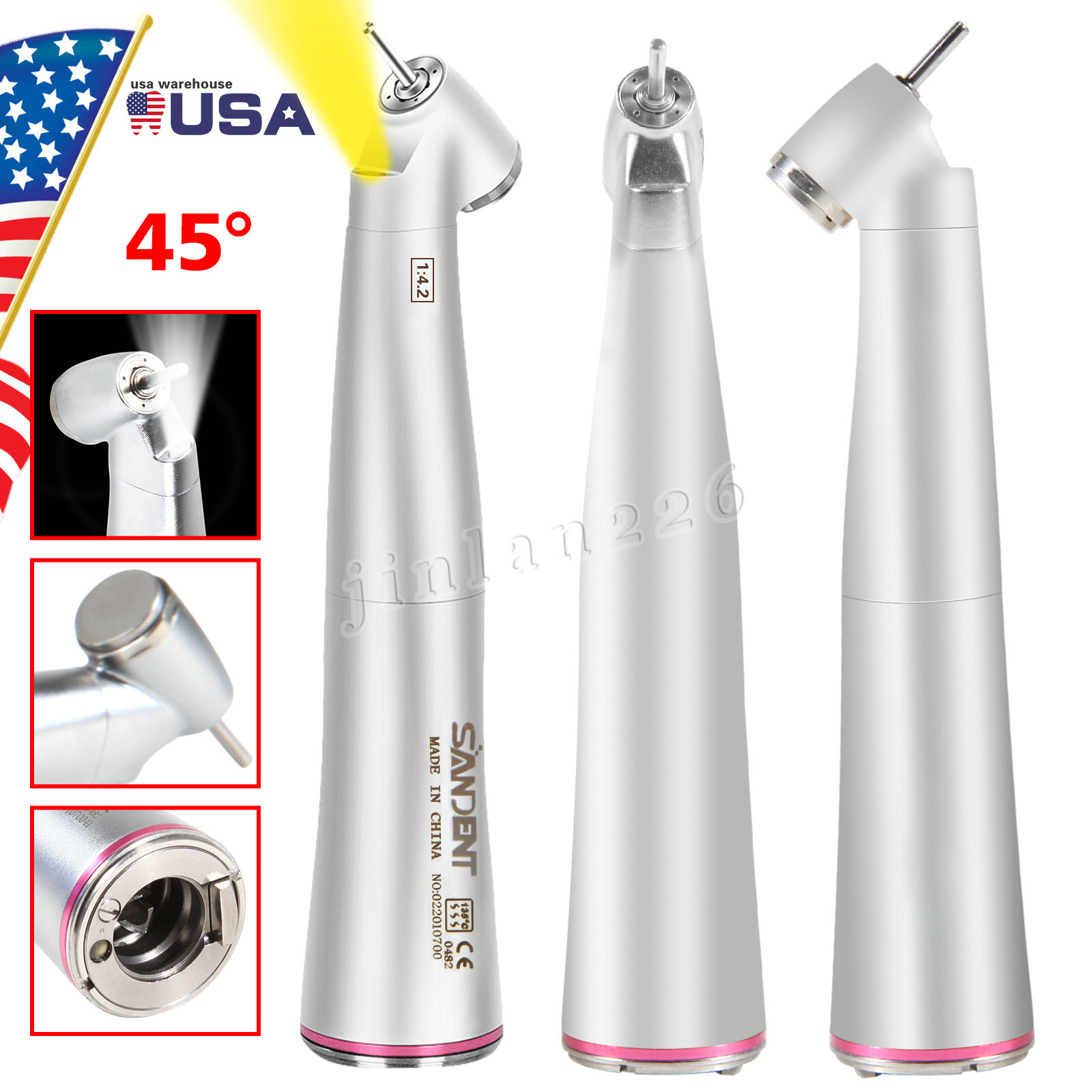NSK Style Dental 1:4.2 LED 45° Fiber Optic Contra Angle Surgical Handpiece USA