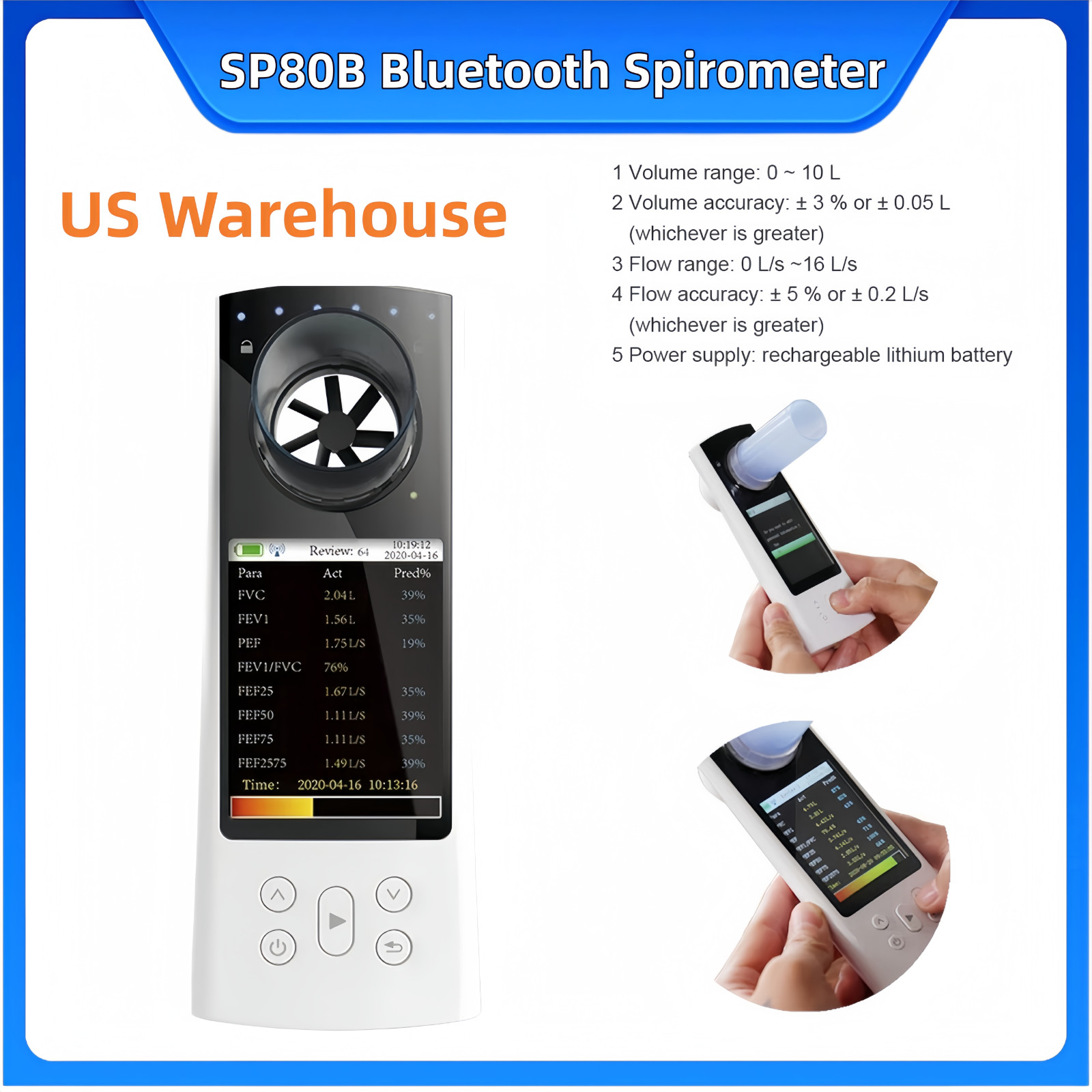 US Warehouse SP80B Bluetooth Digital Spirometer 2.8 inch Lung Function Tester