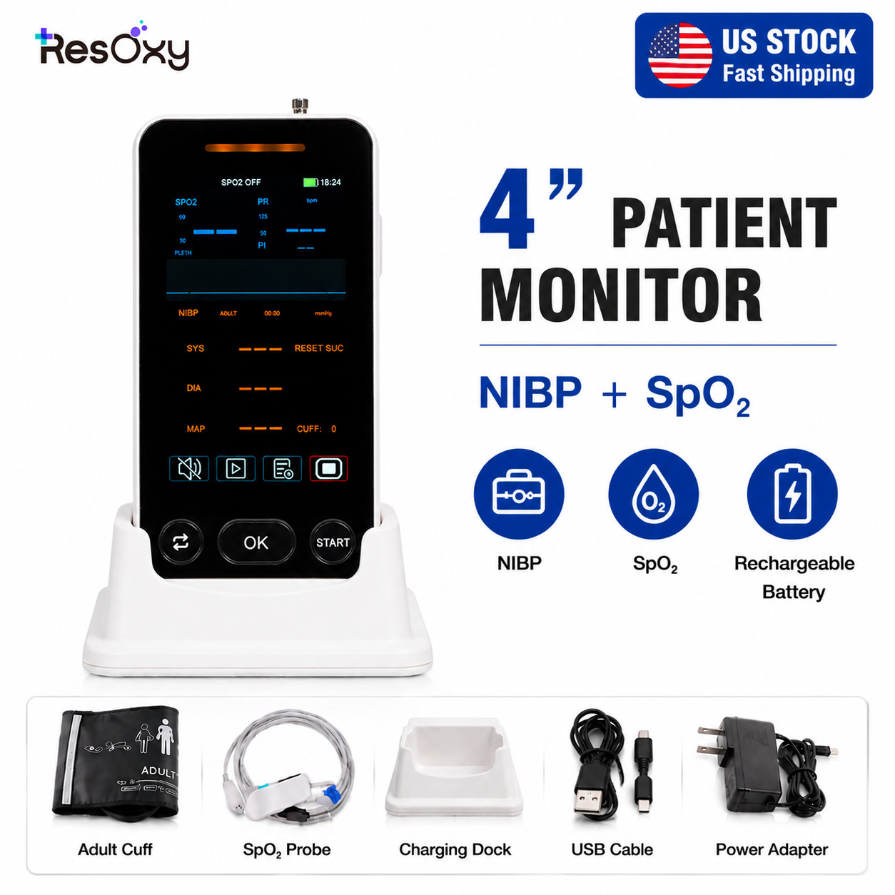 4″ Portable Patient Monitor Vital Signs Monitor NIBP SpO₂ US Stock