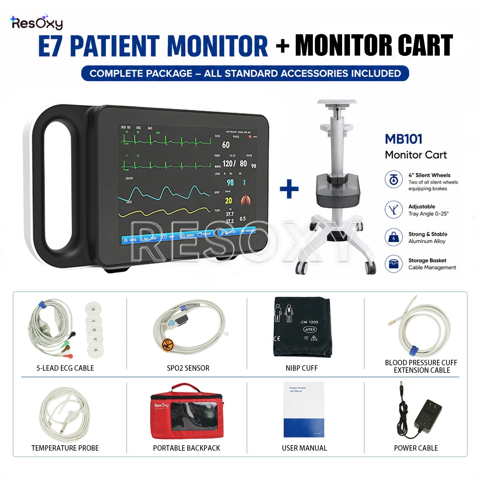 Portable Patient Vital Signs MonitorECG NIBP SPO2 PR TEMP RESP With Monitor Cart