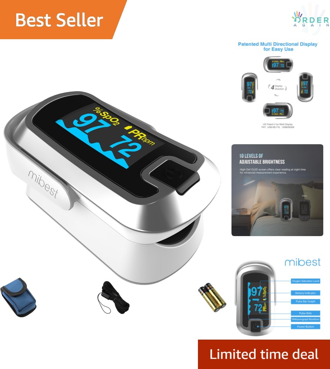 OLED Finger Pulse Oximeter Oxygen Meter Dual Color White Silver Home Use