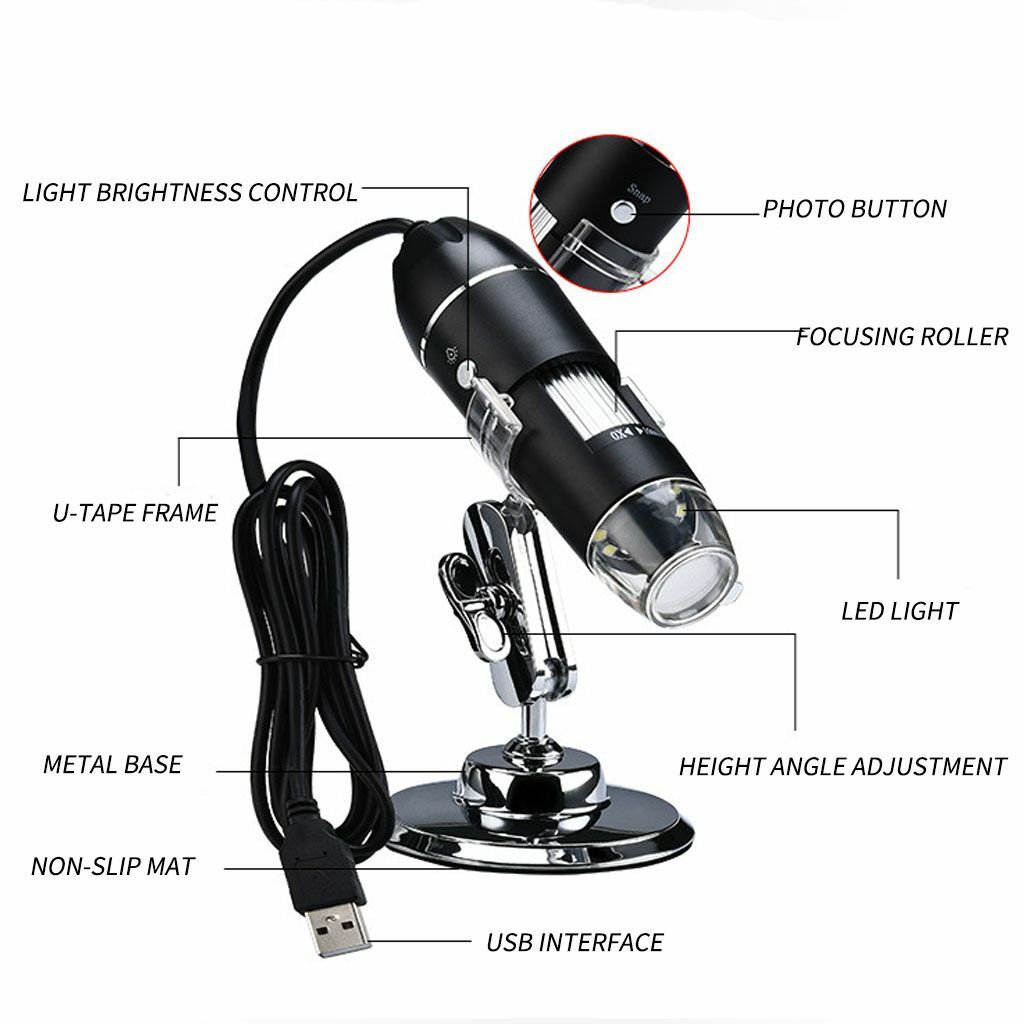 8 LED 1000X 3MP USB Digital Microscope Endoscope Magnifier Camera w/ Stand Black