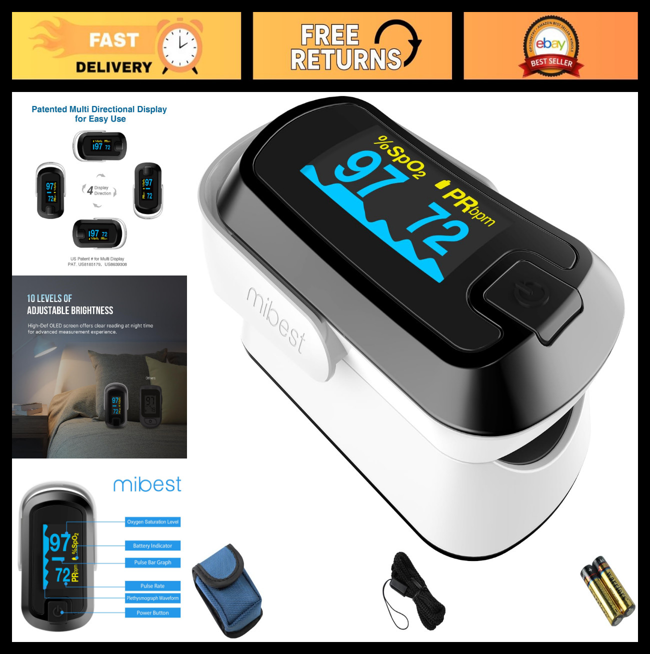 OLED Finger Pulse Oximeter, Dual Color O2 Meter, Accurate Blood Oxygen Monitor