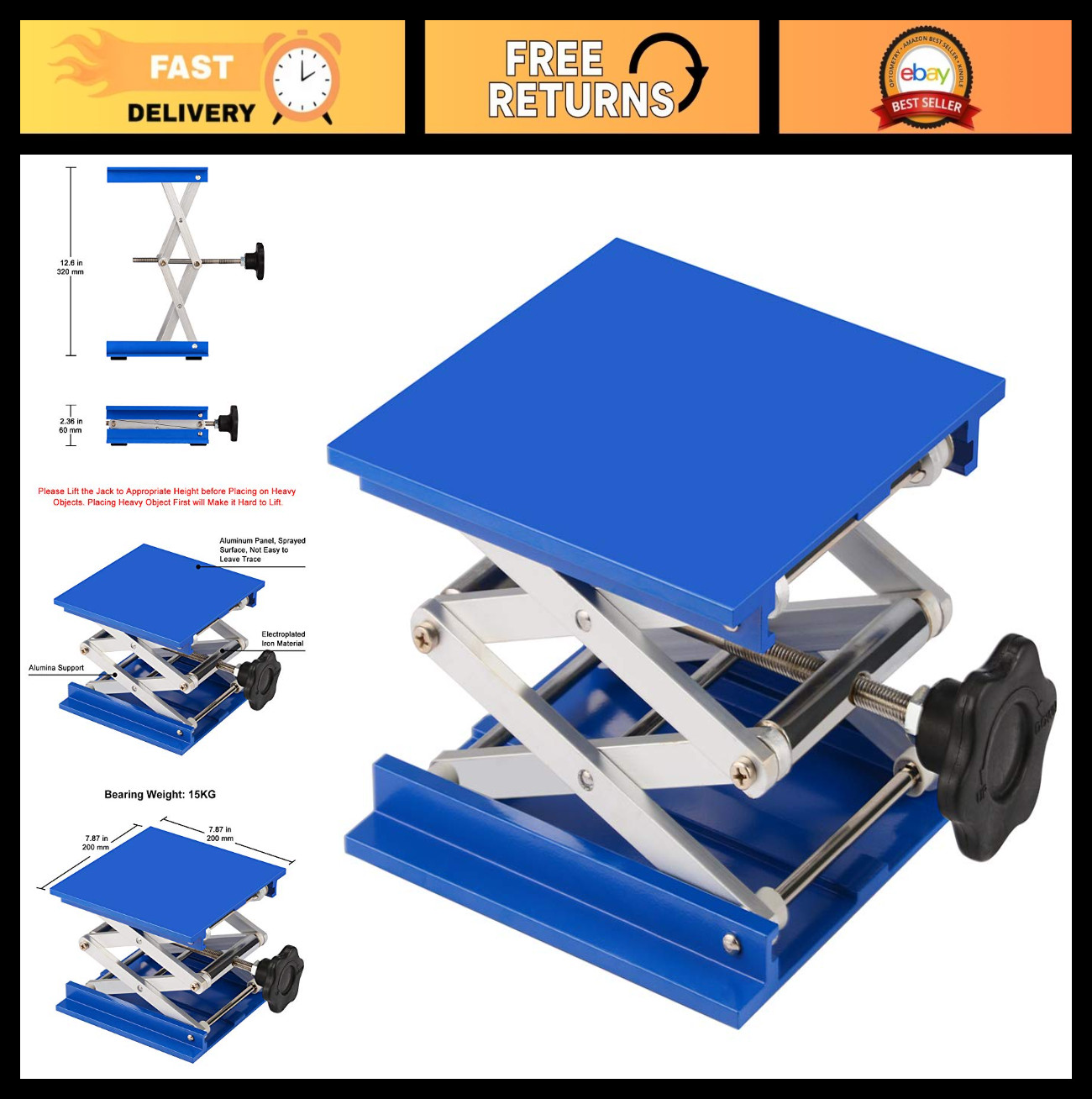 8×8″ Lab Jack Platform – Aluminum Scissor Lift Stand, 15KG Capacity, 67-315mm Li