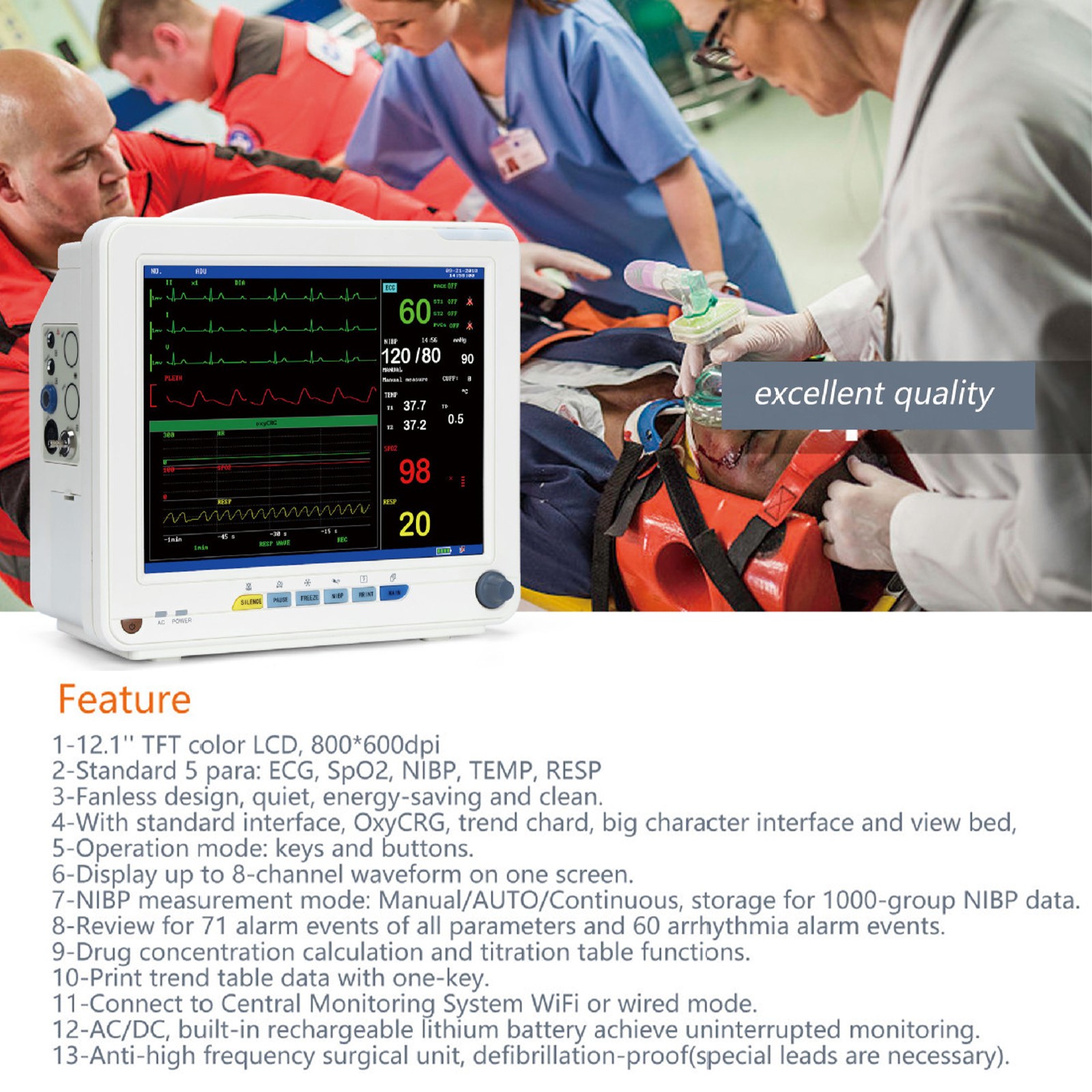 12.1″ Multi-Parameter Patient Monitor ECG SpO₂ NIBP TEMP RESP PR Hospital