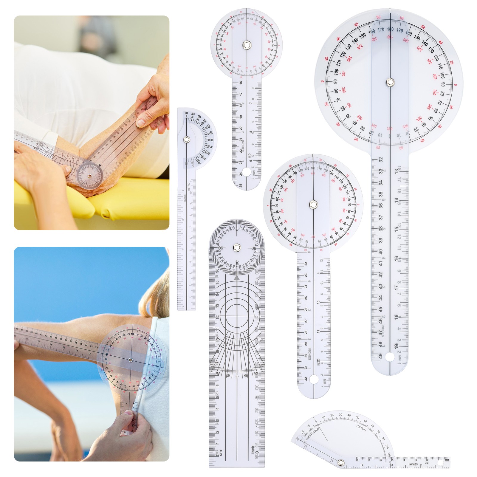 6PCS Clear Spinal Goniometer Protractor Ruler Set 360 Degree 12 8 6 Inch Rehab