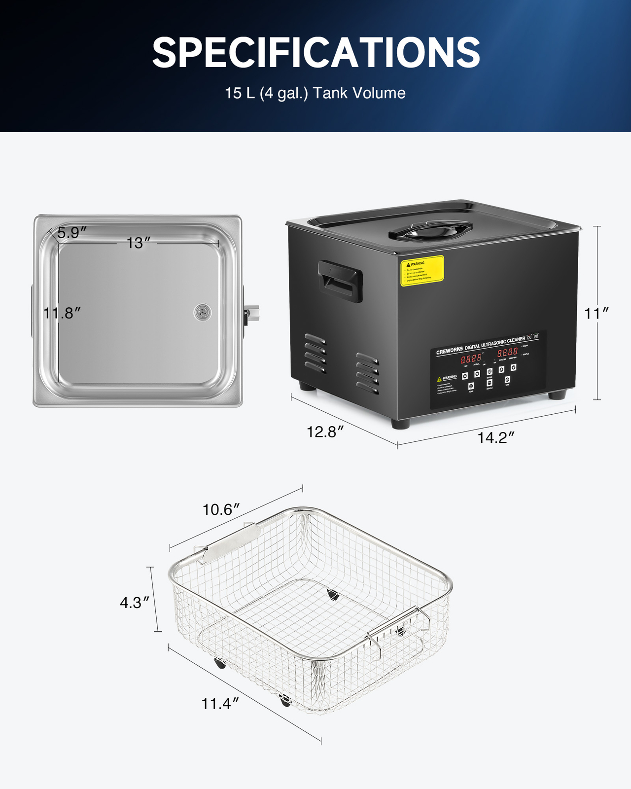 CREWORKS Titanium Steel Ultrasonic Cleaner 15L Timed Digital Cleaning Equipment