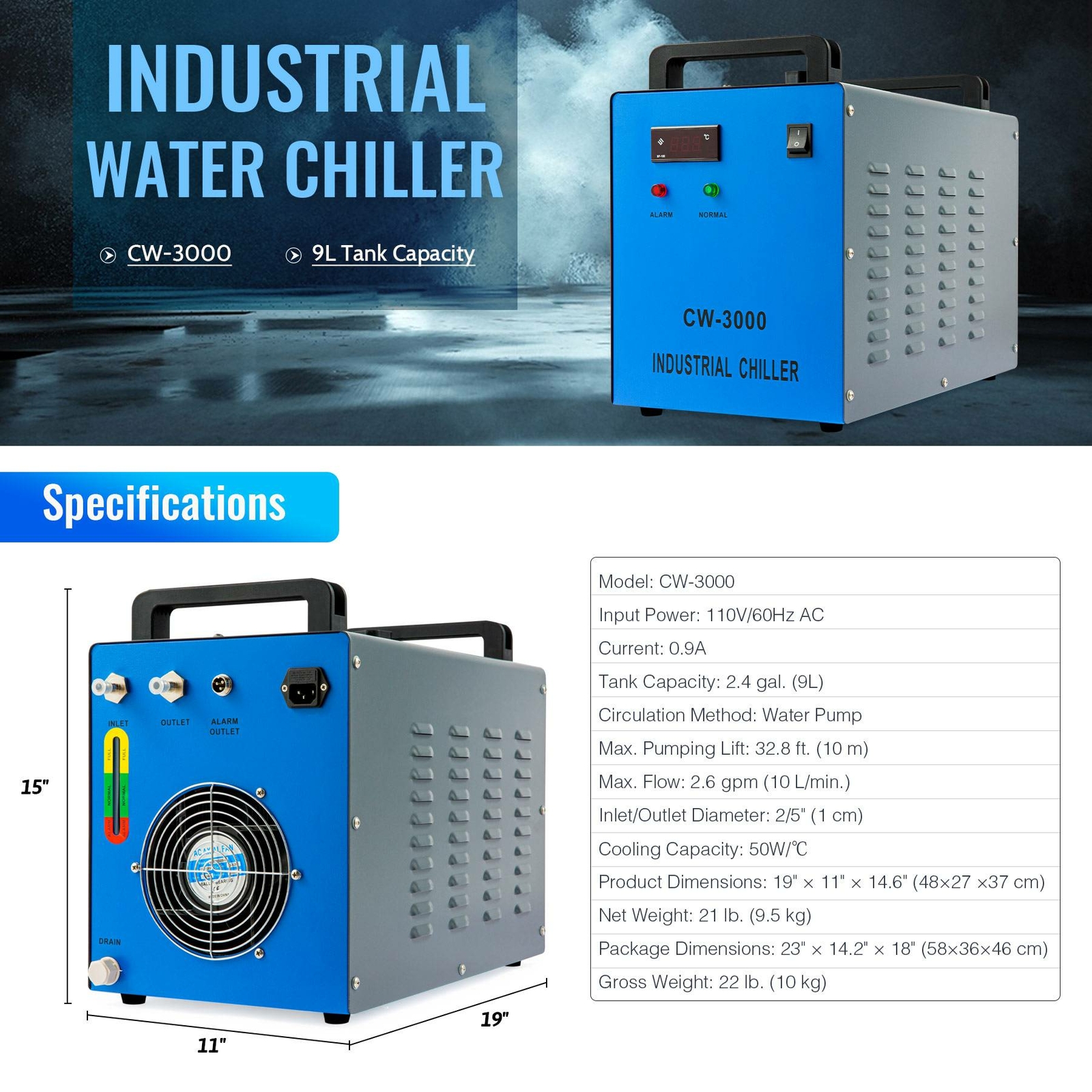 OMTech 9L Water Chiller CW-3000 for 40W 50W CO2 Laser Tubes CO2 Laser Engravers