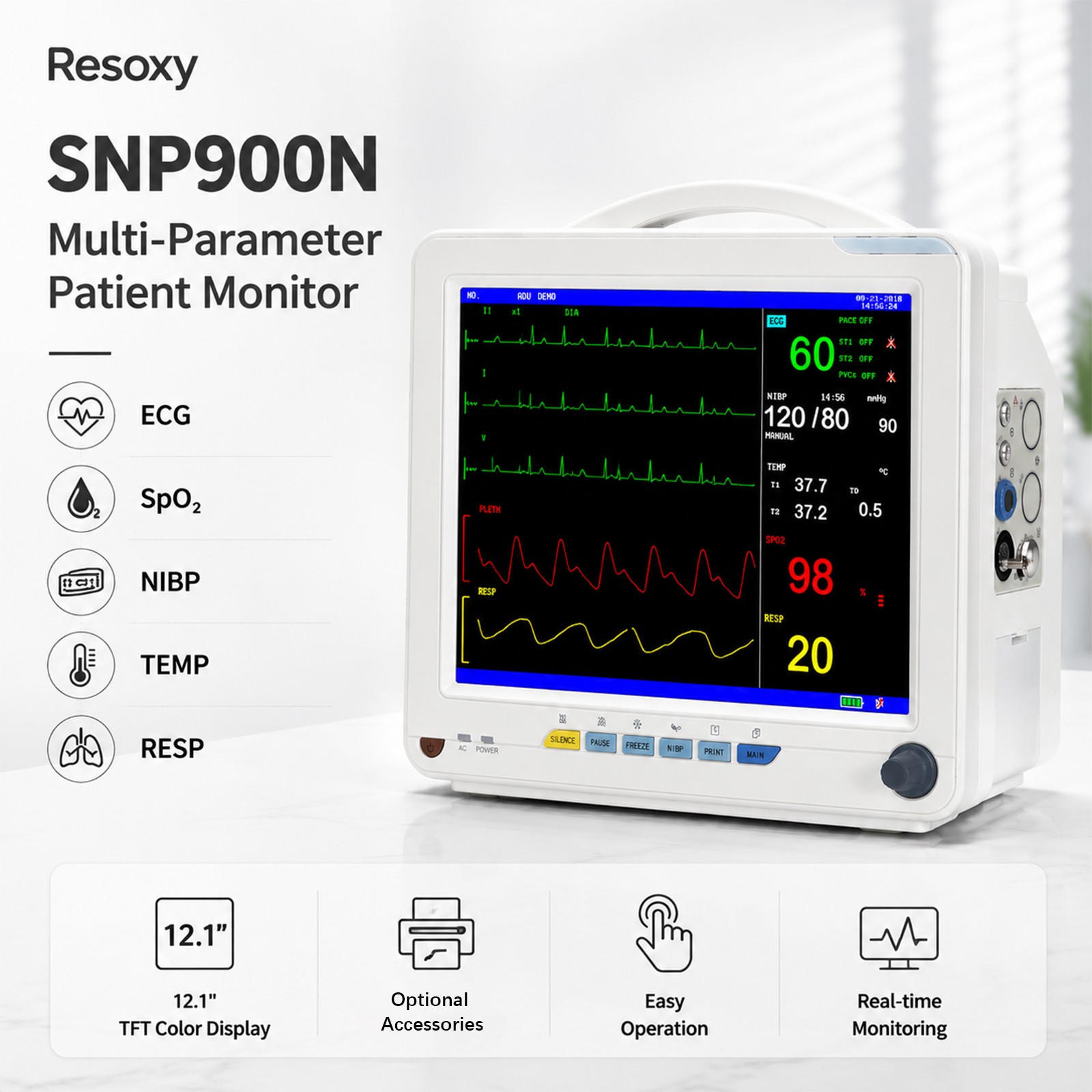 12.1″ Multi-Parameter Patient Monitor ECG SpO₂ NIBP TEMP RESP PR Hospital