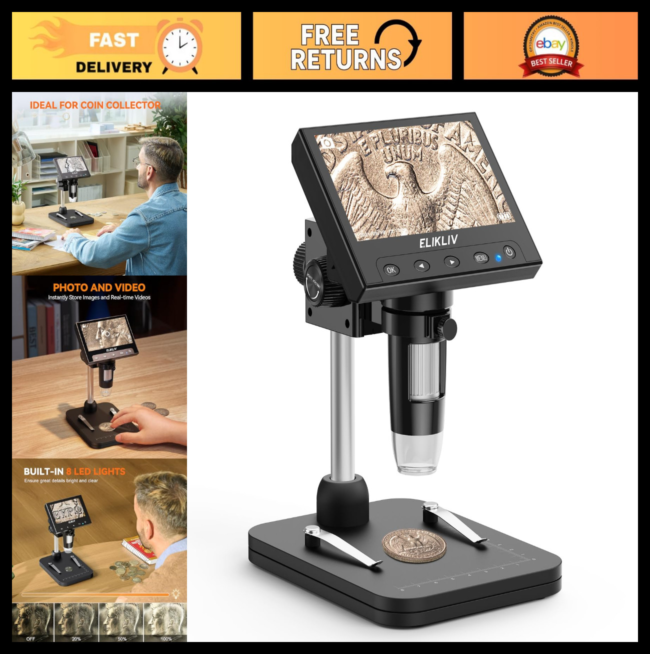 Digital Coin Microscope 4.3″ LCD 1000x Magnifier, 8 LED Lights, PC Compatible