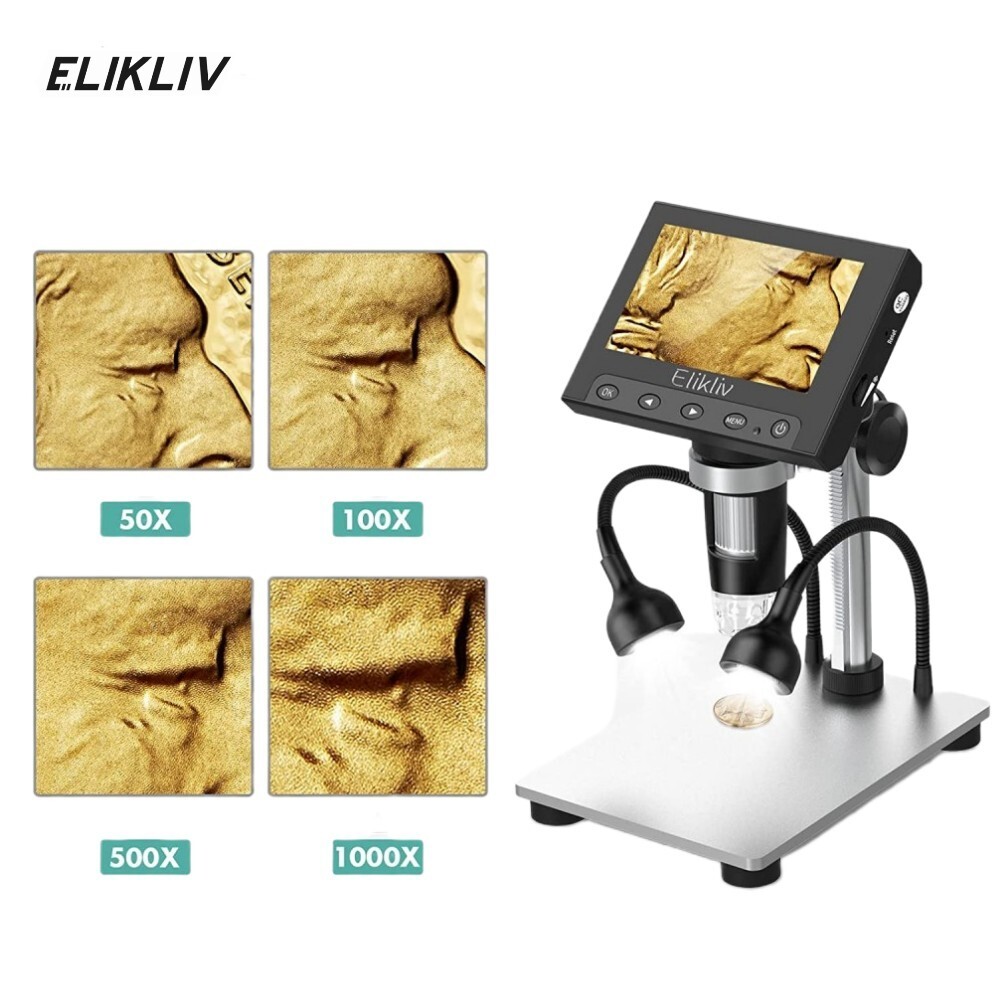 Elikliv Digital Microscope 1000X 4.3” LCD Screen USB Coin Magnifier with Light
