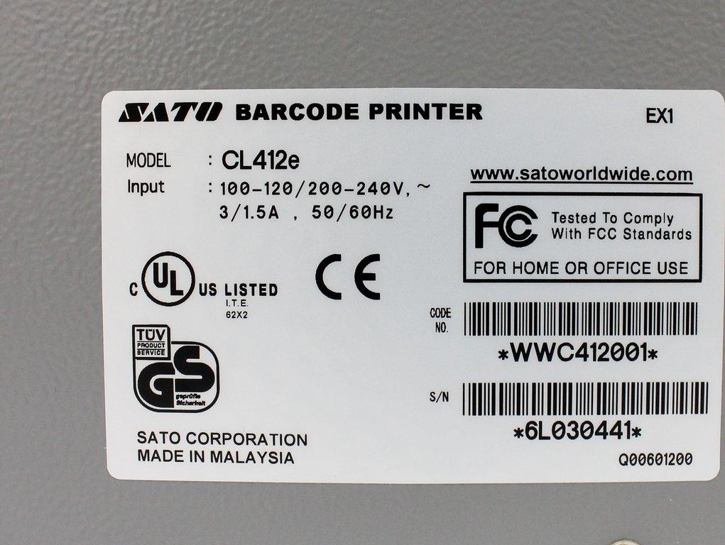 Sato CL412e Bar Code Printer, 120V/220V, 50Hz/60Hz, Very Good Condi (3377052)