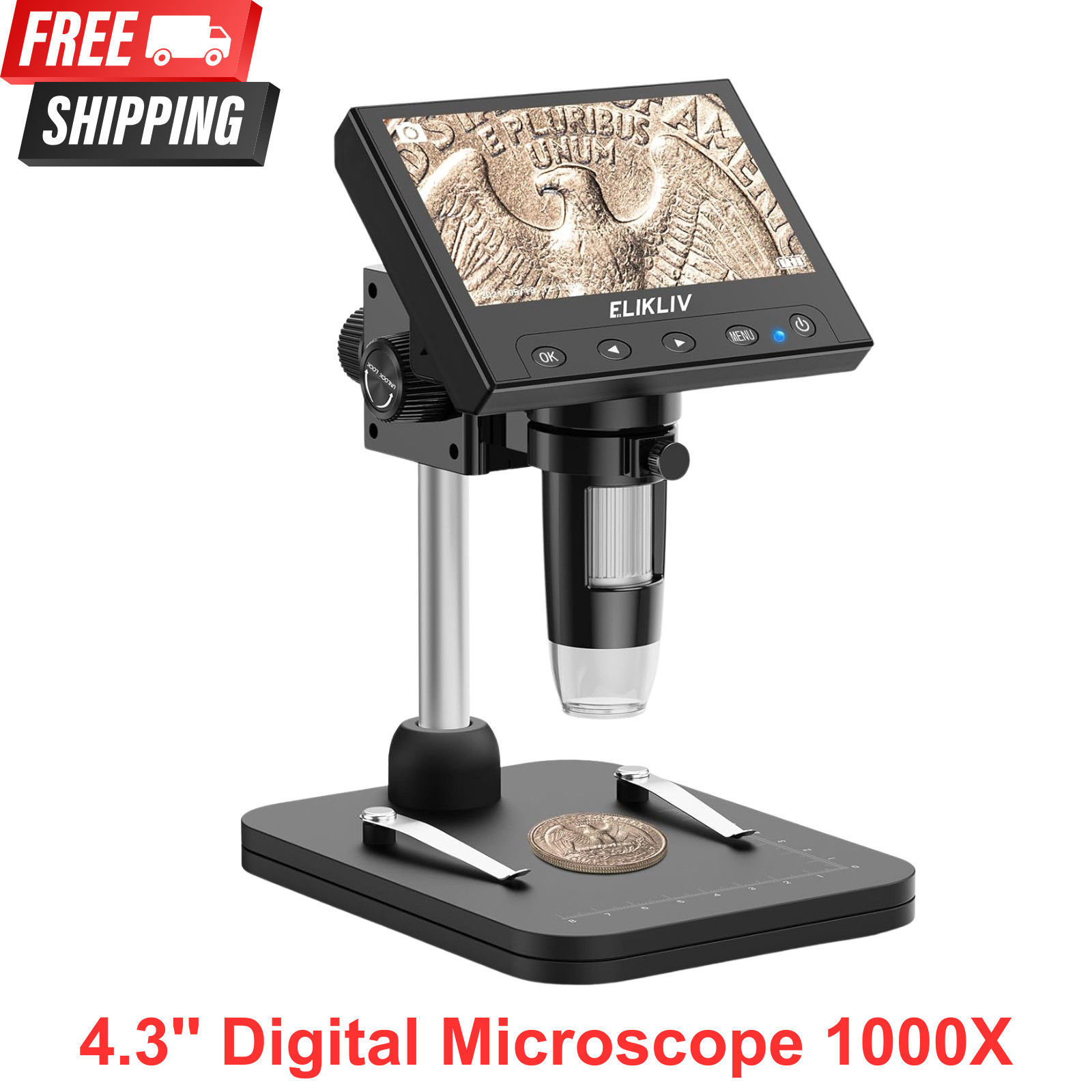 Elikliv Coin Microscope 1000X 4.3” LCD Digital Microscope 8 Adjustable Lights
