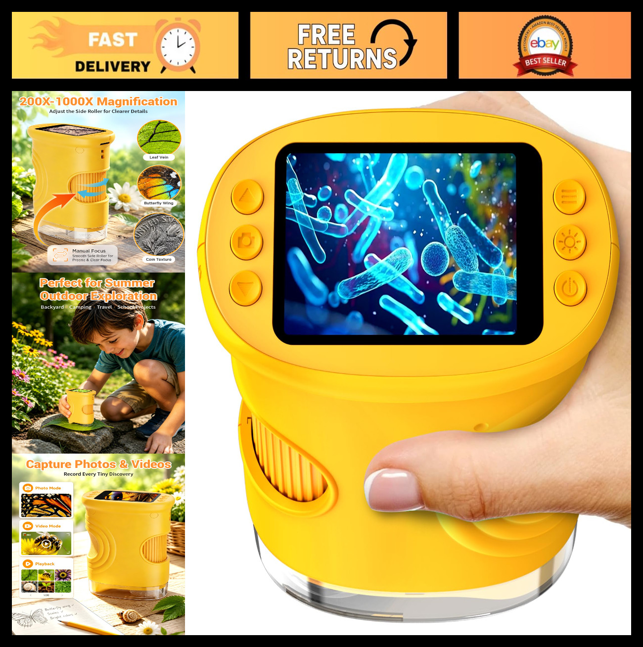 1000X Digital Handheld Microscope for Kids, 2.0″ IPS Screen, Portable STEM Toy,