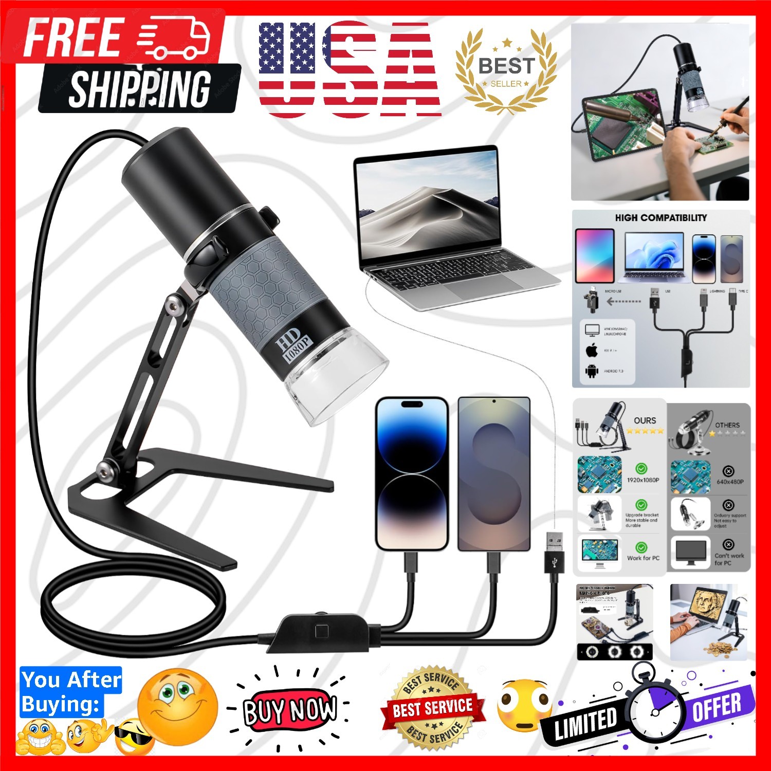 1080P USB Digital Microscope with Metal Stand, 50X-1000X Handheld Microscope …