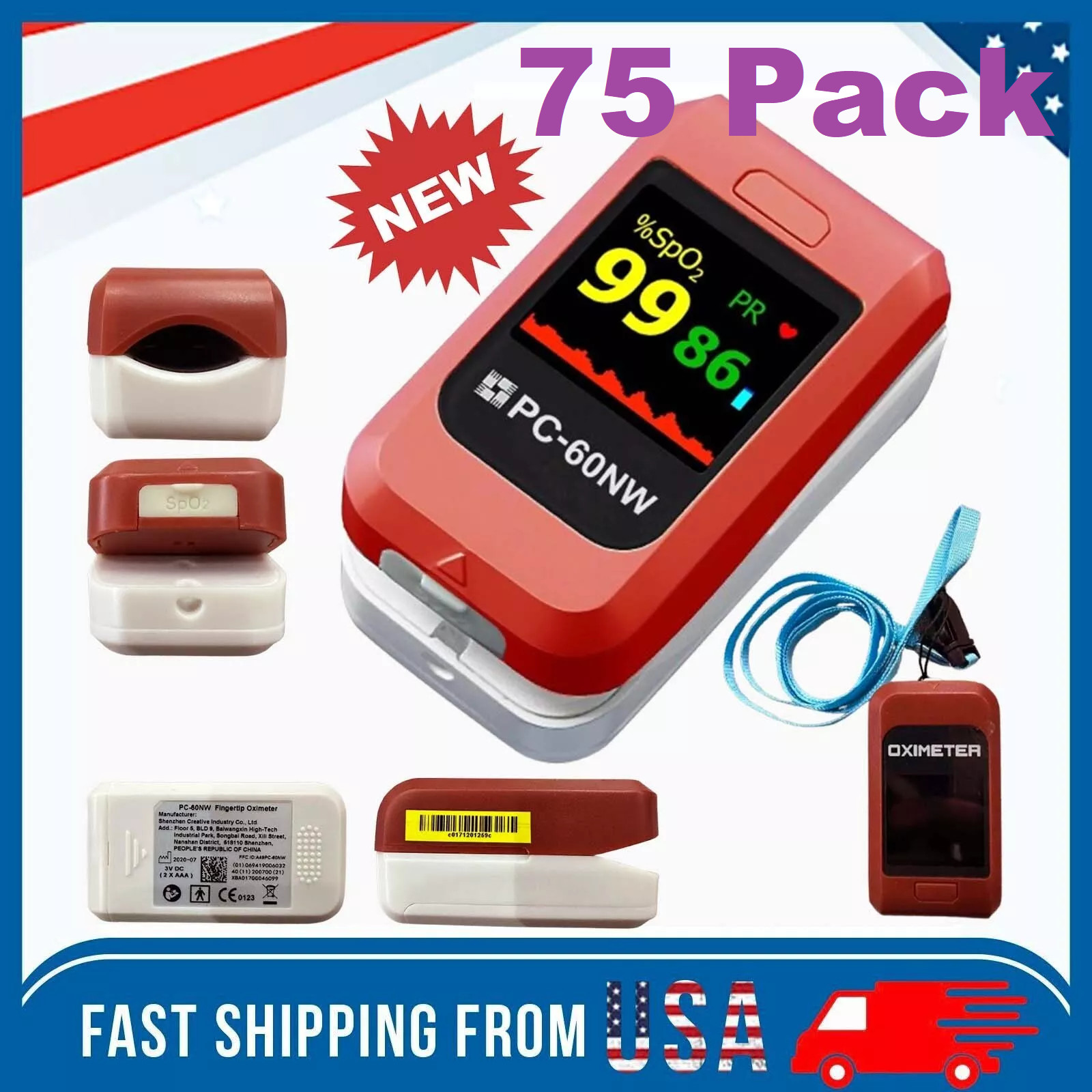 75 Pack Fingertip Pulse Oximeter Blood Oxygen Meter SpO2 PR Heart Rate Monitor