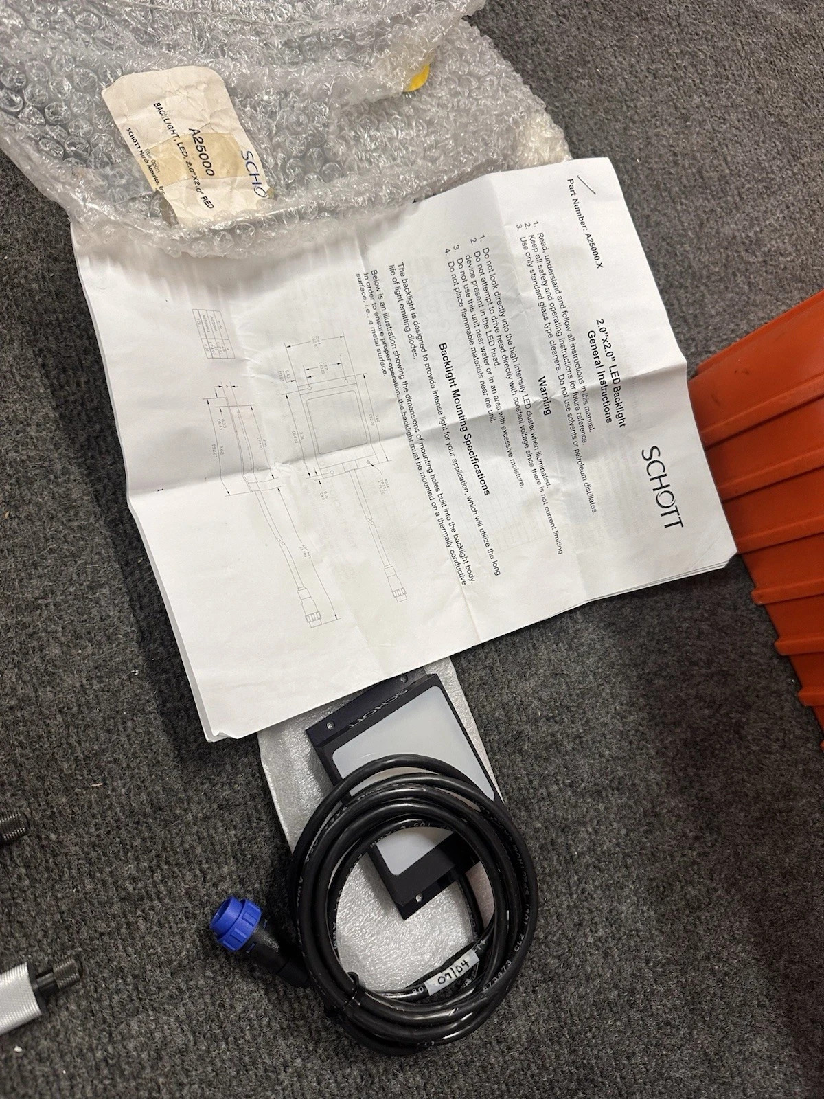 Schott A25000 Red LED Machine Vision Backlight 2″X2″ NEW w/ Instructions