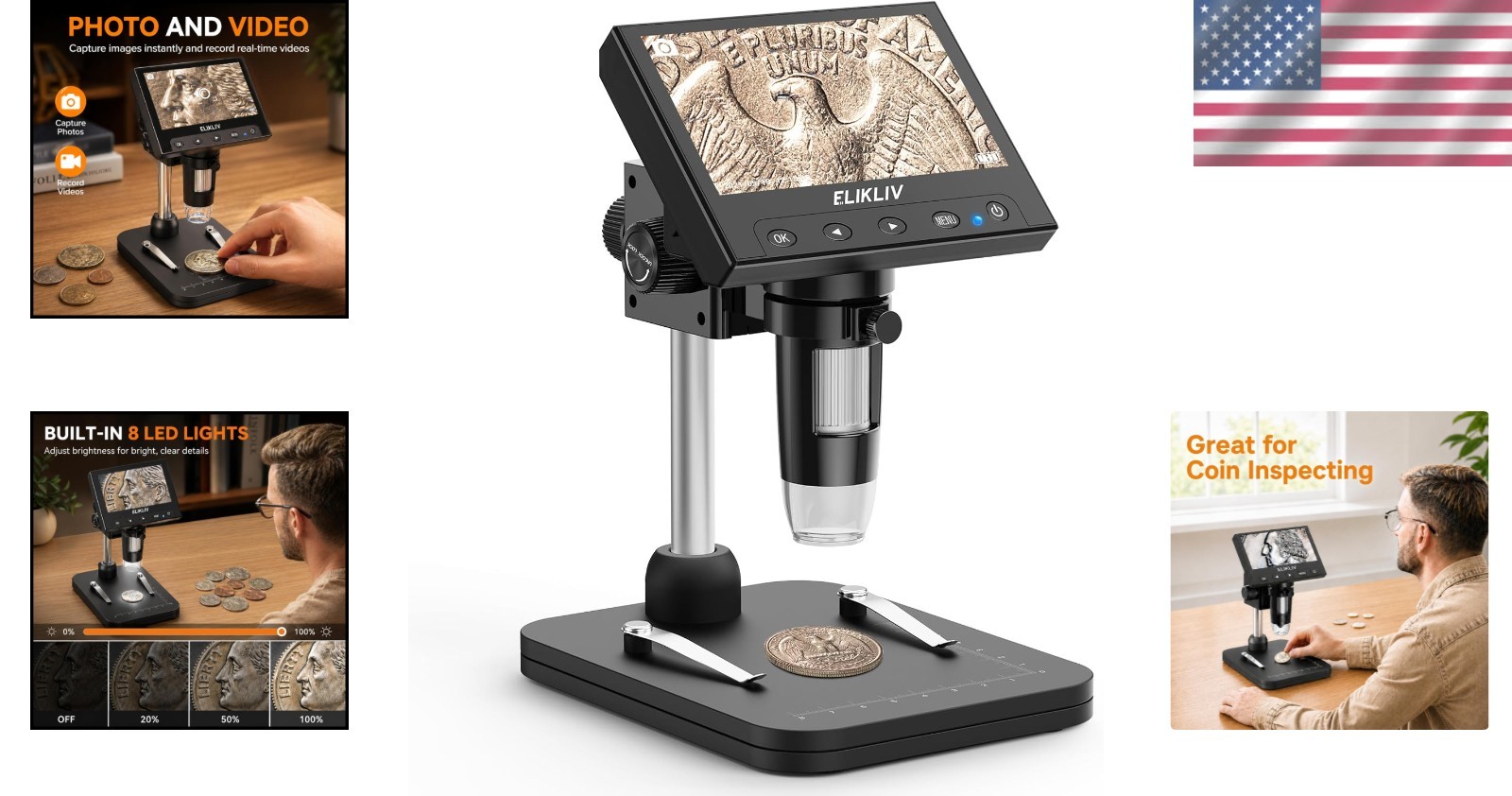 Portable 4.3” LCD Coin Magnifier with 8 LED Lights & Rechargeable Battery